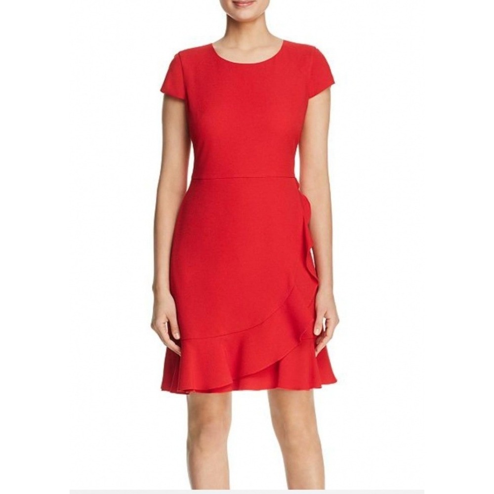 Karl Lagerfeld Paris Red Ruffle Sheath Dress Cap Sleeve LD9C49X9 Size 12